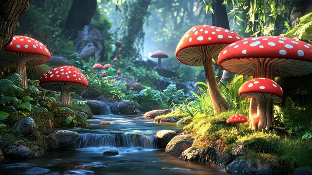 Enchanted forest with vibrant red mushrooms near a serene stream in the early morning light