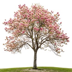 Obraz premium A stunning tulip tree with bright pink blossoms and budding green leaves, standing tall and isolated on a pure white backdrop to showcase its elegance