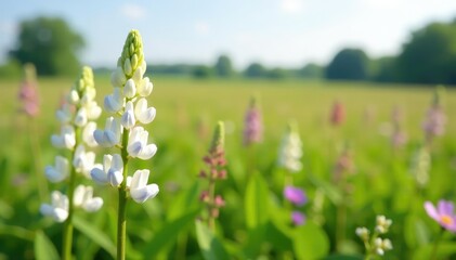 Obraz premium White lupine flowers in a field with other wildflowers, bloom, flower, field