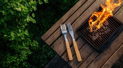 Grilling Scene with Forks, Fire, and Wooden Table Outdoor Setup