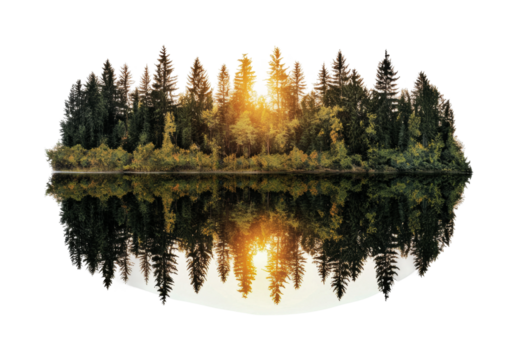 Beautiful forest reflection at sunset over calm water for nature lovers and landscape enthusiasts, cut out