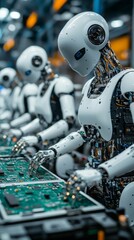 Fototapeta premium Robots operate on an advanced assembly line, carefully constructing smartphone parts with meticulous attention. The setting reflects cutting-edge automation technology used today