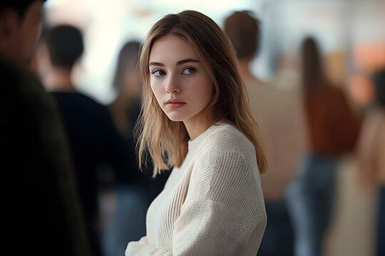Young woman feeling uncomfortable among people indoors