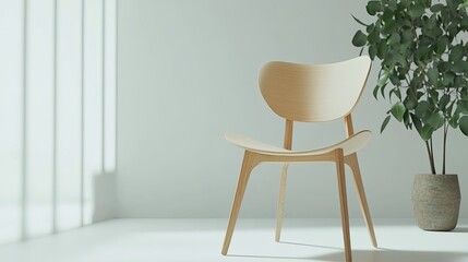 Minimalist Wooden Chair in Bright Interior with Green Plant