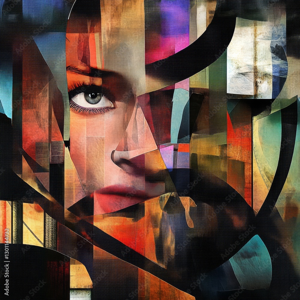 Poster abstract portrait: a woman's face deconstructed in cubist style with bold colors and geometric forms