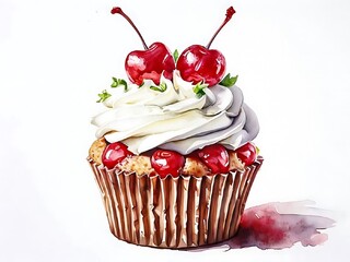 cupcake with cherries and cream watercolor illustration on a white background isolated
