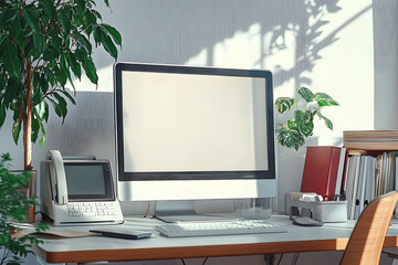 Workplace with blank computer monitor, telephone and plant in light office