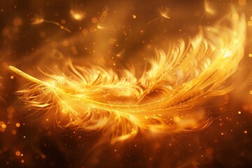 A mesmerizing golden feather glows with fiery elegance, symbolizing transformation and inspiration.