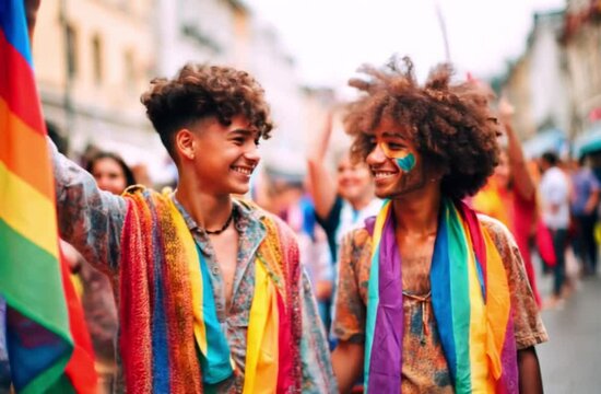 Two young boys with lgtbi flags at the gay pride demonstration