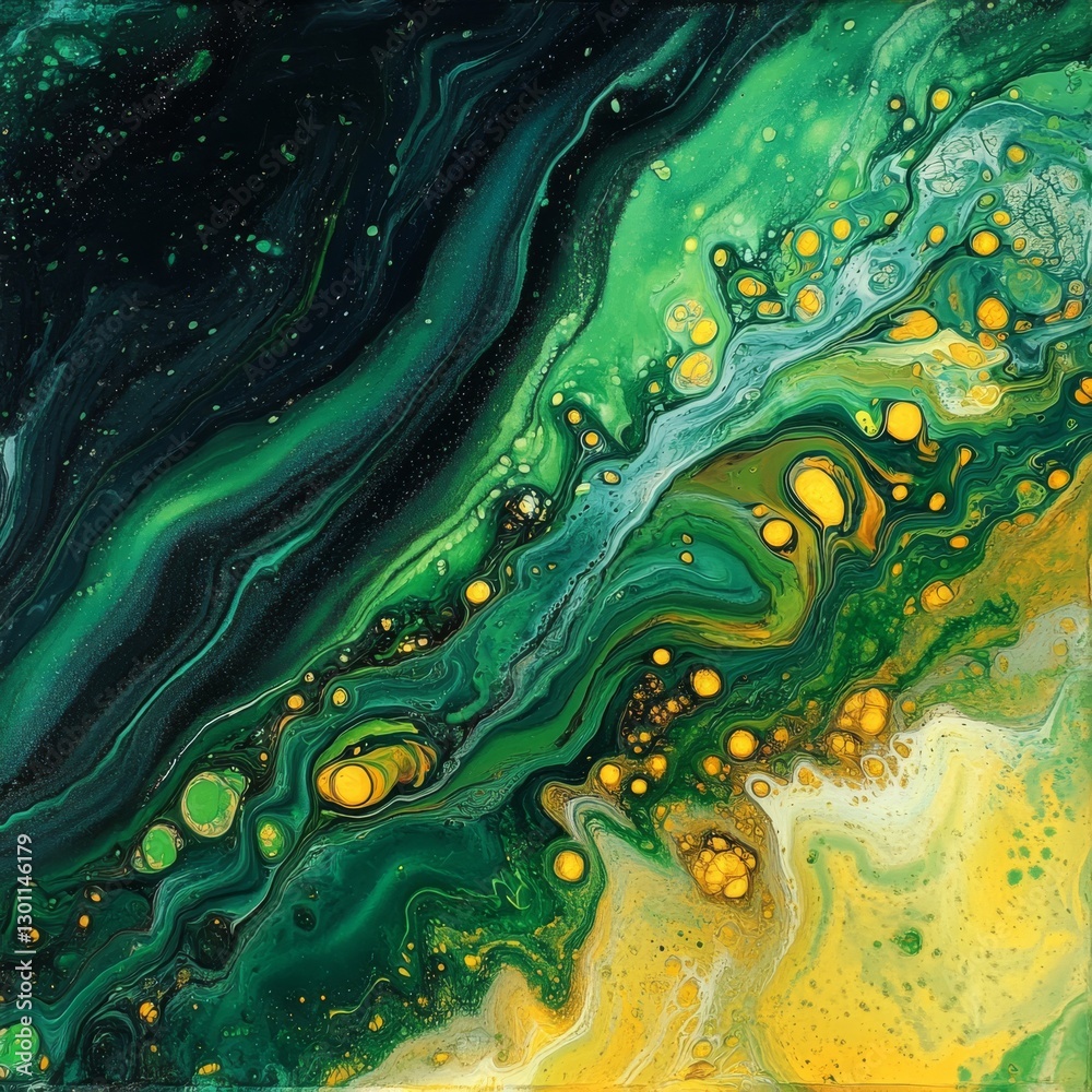 Poster Emerald Depths: Abstract Fluid Art with Flowing Green and Yellow Hues, Featuring Circular Elements and Dynamic Swirling Patterns.
