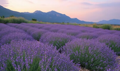 Fototapeta premium Sunset over Lavender Field and Mountains