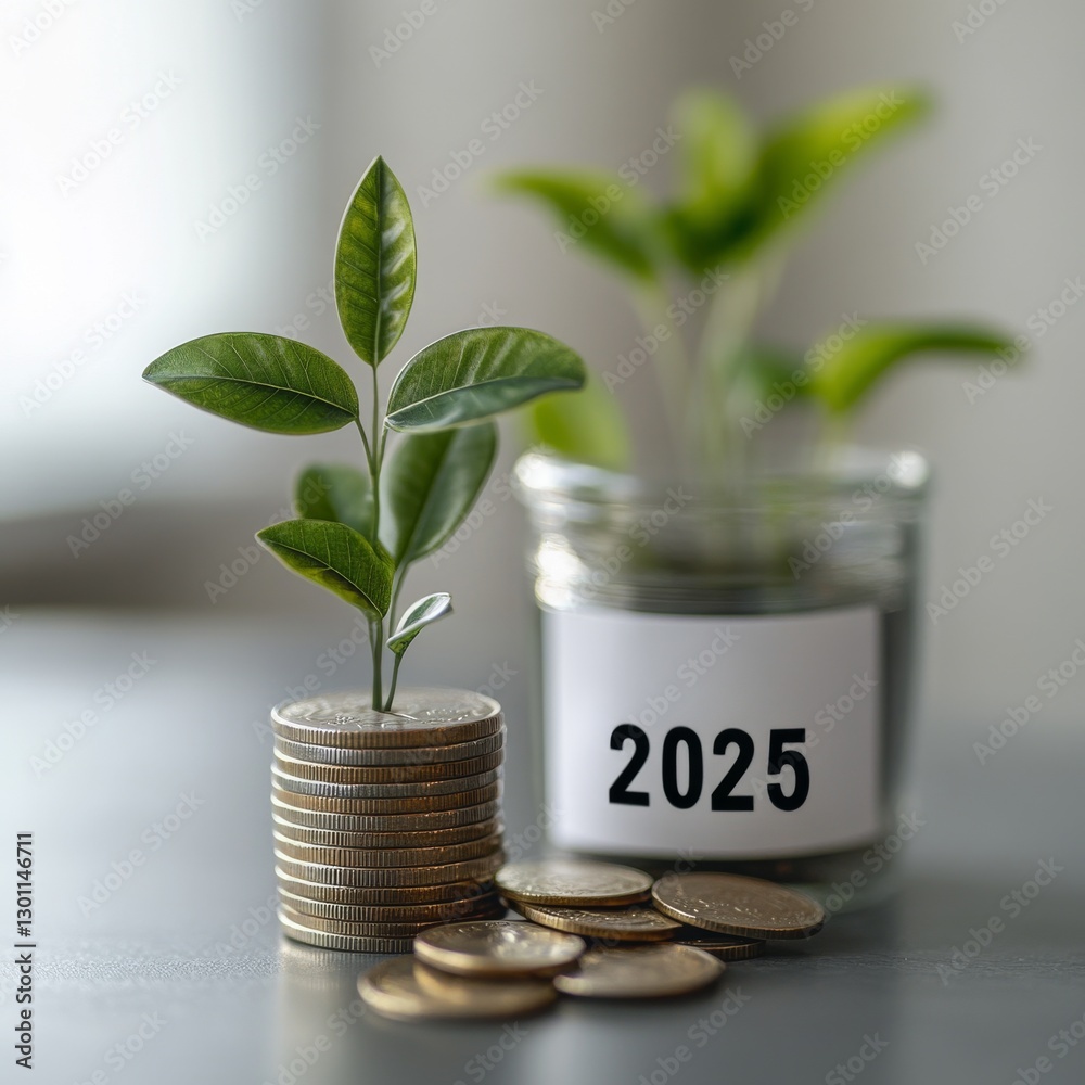 Poster growing future: plant sprouting from stack of coins near a savings jar labeled '2025', symbolizing f