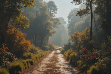 Naklejka premium Serene Dirt Road: Winding Through a Lush Green Forest
