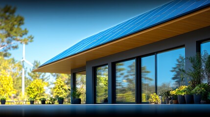 Modern house showcases solar panels while surrounded by vibrant plants and natural scenery