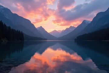 Serene Mountain Lake at Sunset: Reflecting Colorful Clouds