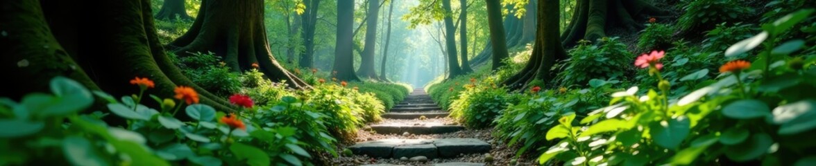 Ancient stone path winding through dense forest foliage, stone, forest