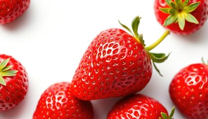 A single ripe strawberry, vibrant red, isolated on pure white, bright, photography