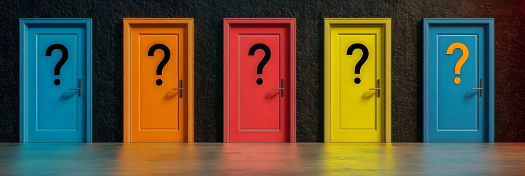 Colorful doors with question marks representing the challenging decision making process of choosing the right career path amid uncertainties and fears of missing better options