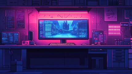 Obraz premium Cyberpunk Computer Setup with Futuristic Cityscape and Neon Lighting