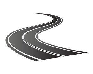 Roads in perspective. Bended pathway road curved city street to horizon. Journey asphalt highway isolated vector set 