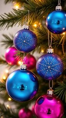 Obraz premium Blue and pink ornaments shining under the tree, sparkling, holiday