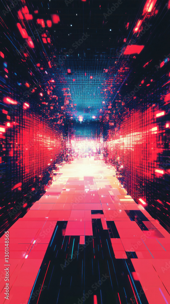 Wall mural glowing rectangular shapes creating futuristic tunnel effect with pink and blue lights