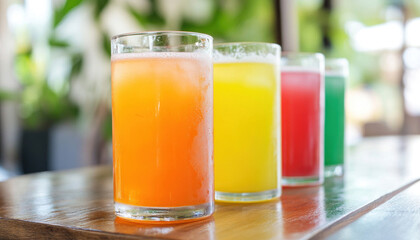 Refreshing colorful summer drinks sitting on a wooden table