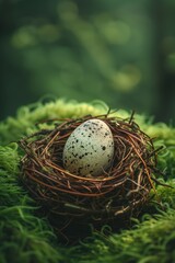 Obraz premium A speckled egg nestled in a natural nest, surrounded by lush green moss in a serene woodland setting.