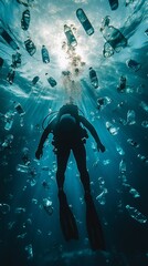 Fototapeta premium Underwater diver confronts plastic pollution