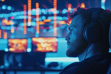 intense gamer focused on esports competition wearing noise-canceling headphones sitting in dimly lit room with neon-filled