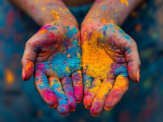 Vibrant Holi Festival with Colorful Powder Covered Hands in Striking Composition