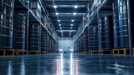 A long row of shelving units filled with various items in a warehousing or retail environment