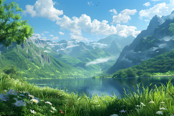 Fototapeta premium Breathtaking Mountain Valley with Meandering River and Wildflowers Under a Brilliant Blue Sky