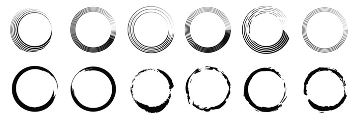 Set of metallic brushstroke circle frame collection. Golden paint streaks, modern gold foil effect, shimmering brush, luxury grunge frame. Vector Illustration.