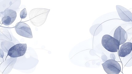 Delicate Blue Leaves and Floral Elements on White Background