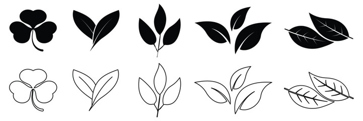 Set of diverse leaves icon collection. Leaf silhouettes, nature elements, eco friendly brand aesthetics symbol. Vector Illustration.
