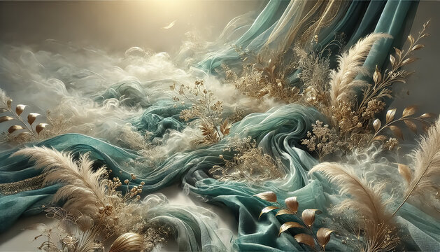 Background of fabrics and feathers in green, cream and brown