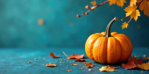 Golden pumpkin on blue background, with falling leaves, harvest, leaves