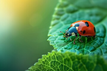 A vibrant ladybug resting gracefully on a lush leaf in a tranquil garden setting.