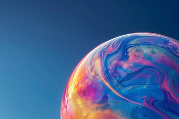 A vibrant soap bubble with swirling colors, showcasing a mesmerizing blend of hues against a blue backdrop.
