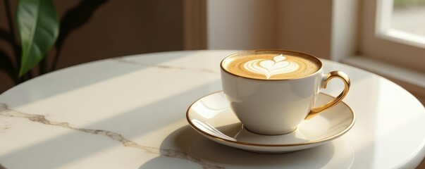 Luxurious golden coffee cup on marble surface, premium, elegance