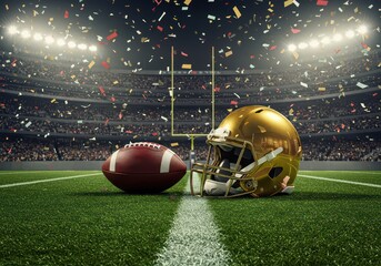 Golden football helmet, ball on the field, confetti in the air, moment of triumph, team celebrating victory