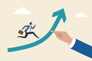 Career growth or increase productivity, motivation for success career development, increase revenue, income or profit, help or support concept, businessman hand help push arrow rising up for success.