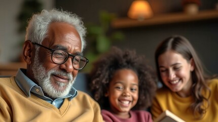 Obraz premium A man is reading a book to a group of children. The children are smiling and laughing as the man reads. The scene is warm and inviting, with the family spending quality time together
