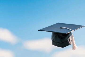 wide-angle view of graduation cap in focus tossed against bright blue sky symbolizing achievement and new beginnings