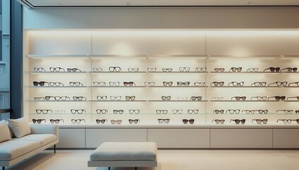 A store with a lot of glasses on shelves. The store is well lit and has a modern look