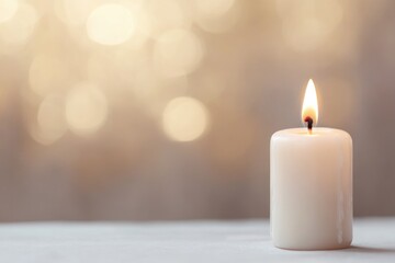 serene image of single gently flickering candle set against blurred golden background symbolizing enlightenment and