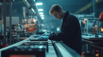 factory worker assembling products on a conveyor belt, industrial lighting, cinematic storytelling
