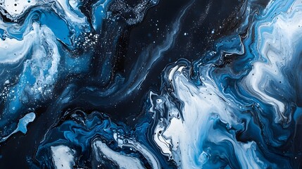 Stunning abstract liquid marble art painting featuring a dramatic black and blue background with swirling spilled white acrylic paint  The contemporary cinematic lighting creates a moody