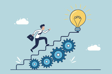 Best practices development, strategy to success or improvement, planning, progress or implementation process, efficiency or productivity concept, businessman running up stair on cogwheel gears system.